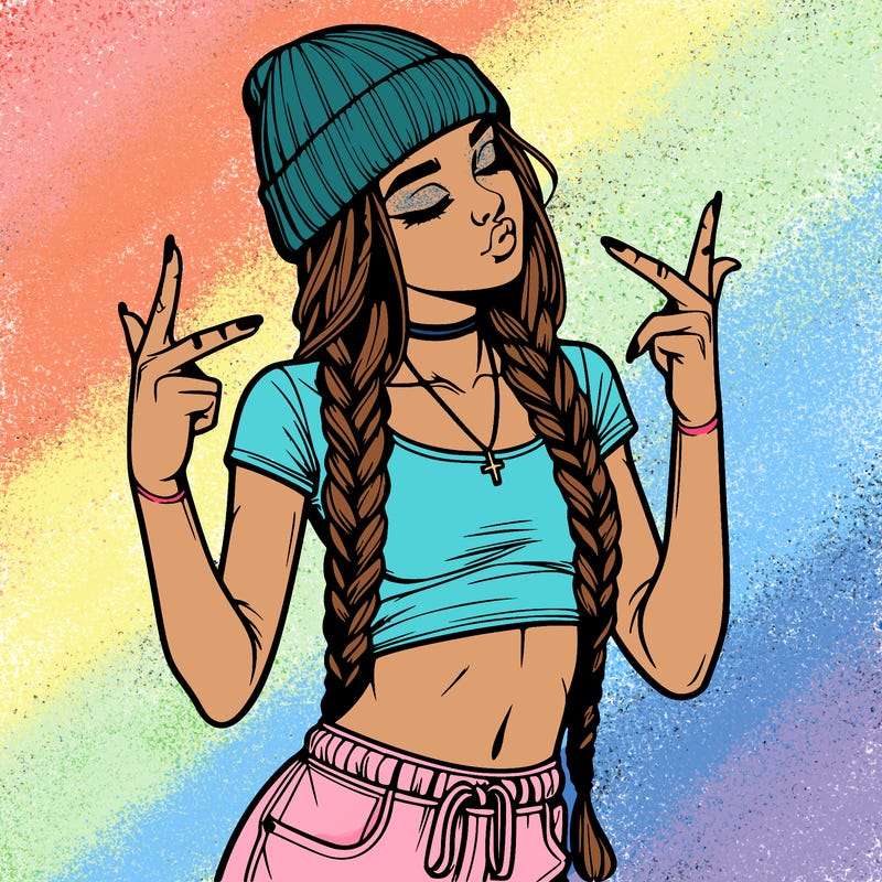 realistic teenage girl with braids and a beanie and crop top doing 🫶🏼