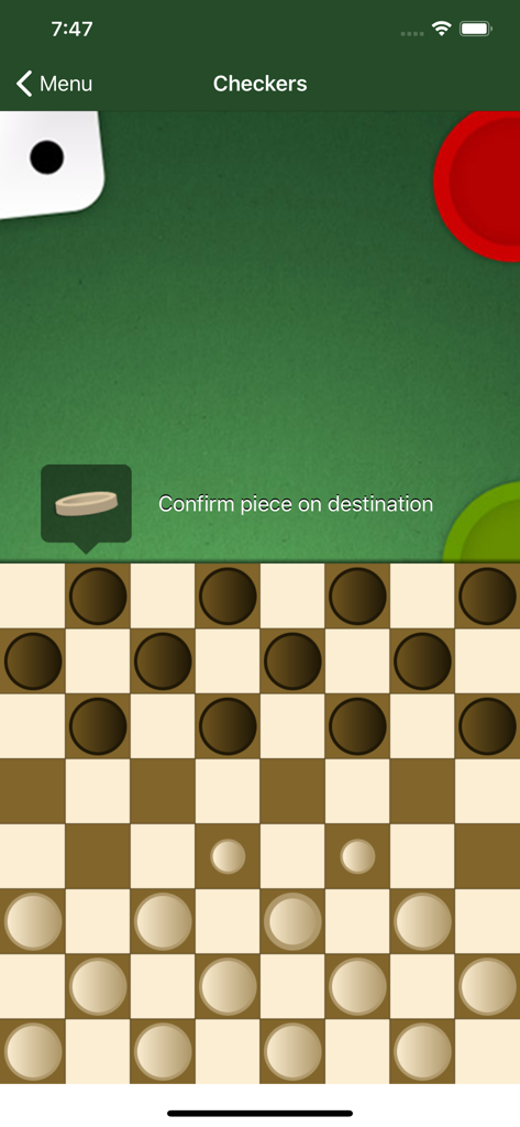 Board Games Lite - A checkers game match in progress on the Board Games Lite mobile application