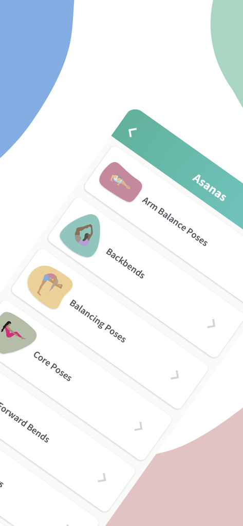 Hey Asana - Hey Asana app interface showing a list of yoga pose categories including backbends and core poses with minimalist illustrations