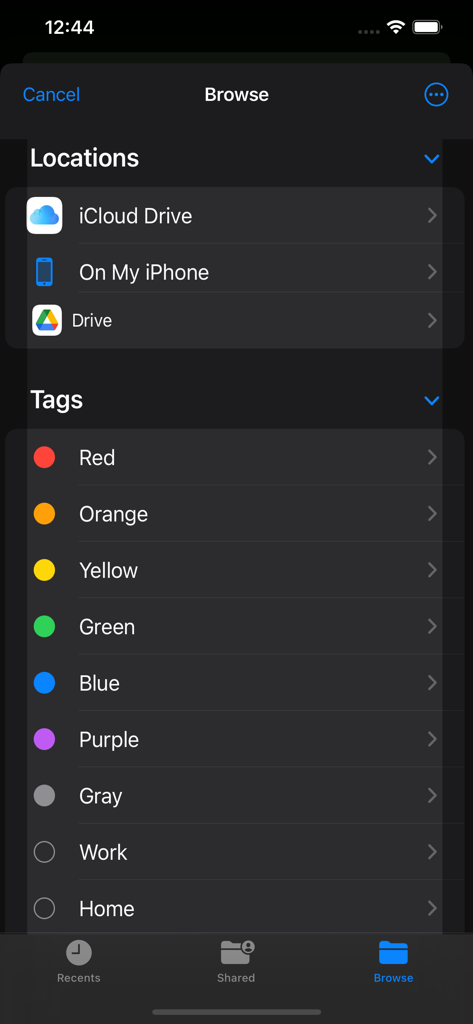 Browse screen showing iCloud Drive Google Drive and file organization tags