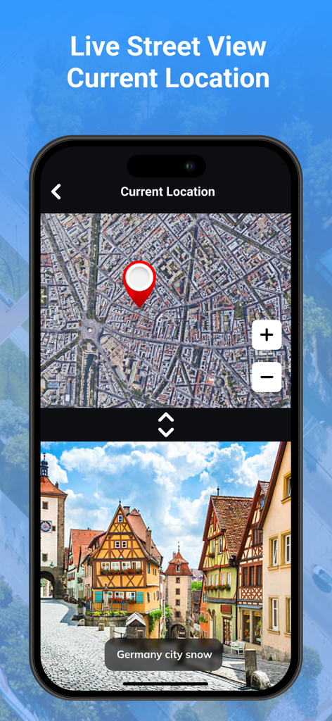 Street View Live Earth Map 3D - App interface showing a split screen with a current location map on top and a 3D street view of a German city at the bottom.