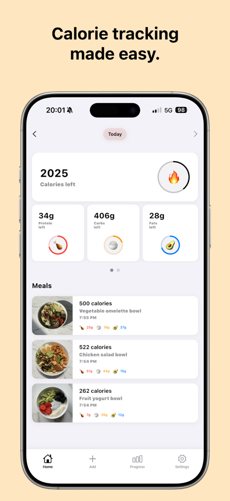 Nutri AI: Calorie Tracker - Nutri AI mobile app showing a daily dashboard with calories remaining, protein, carbs, and fat breakdown along with a list of logged meals like omelette and chicken salad bowls.