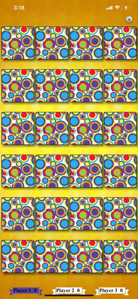 Singular and Plural Match - A memory match game board with a grid of colorful cards and score trackers for three players