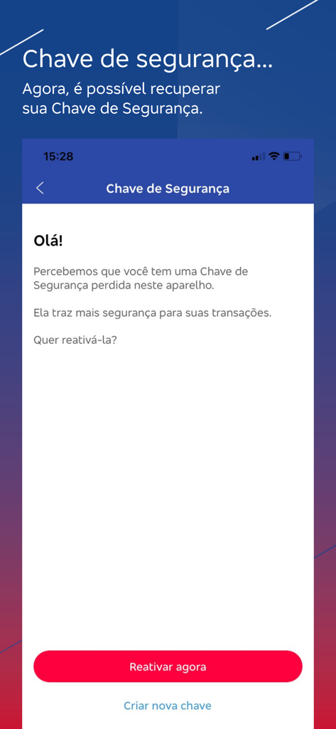 Tela do celular mostrando opções de recuperação e reativação de chave de segurança no aplicativo Bradesco Net Empresa