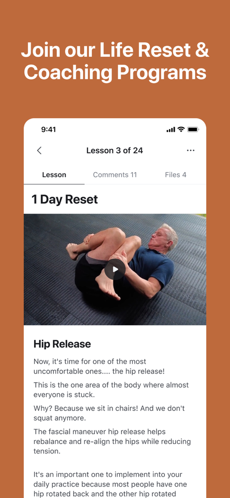 Human Garage - Human Garage app interface showing a video lesson for hip release fascial maneuvers