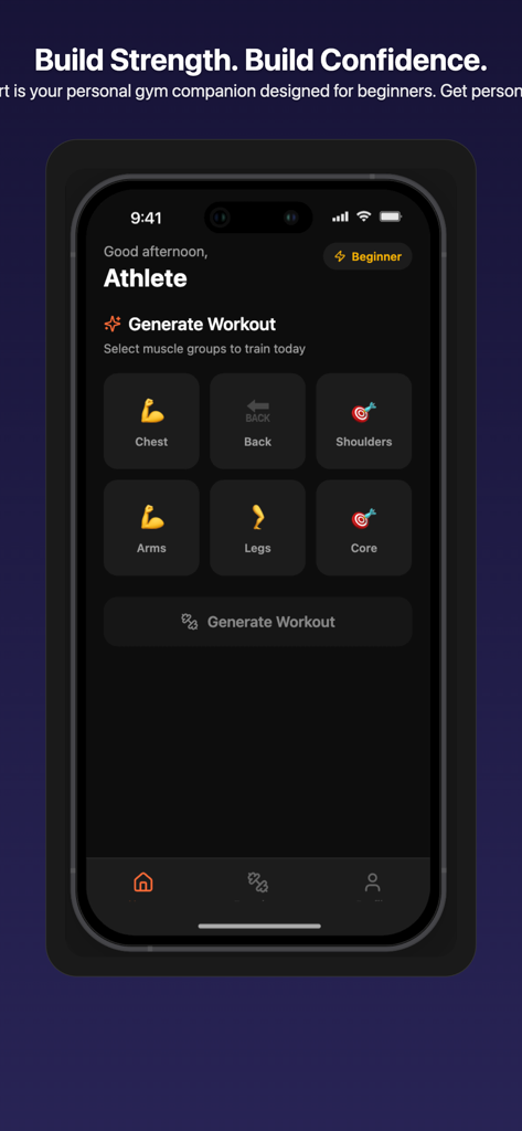 FitStart App - A mobile interface for the FitStart App showing the Generate Workout screen with icons to select muscle groups like chest arms and legs