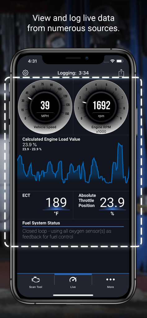 BlueDriver app live data dashboard showing vehicle speed engine RPM and engine load graph