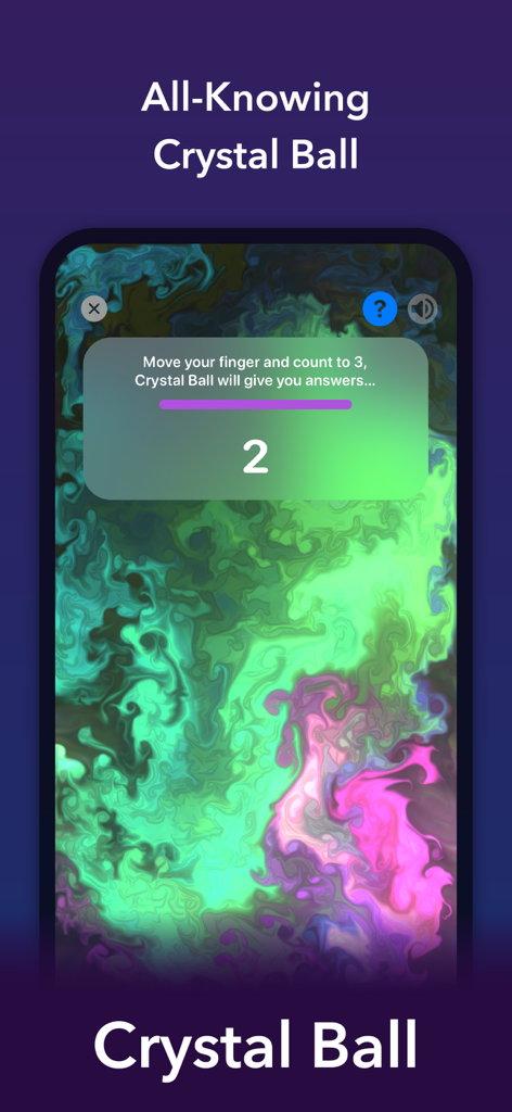 Kismet - Tarot, Astrology - Función de bola de cristal en la aplicación de astrología Kismet que muestra remolinos místicos coloridos y una cuenta regresiva para la adivinación