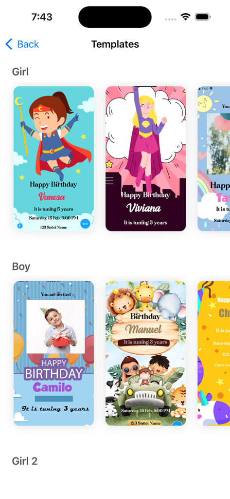 Birthday invitation maker . - Mobile app screen displaying various birthday invitation templates for girls and boys with superhero and safari themes