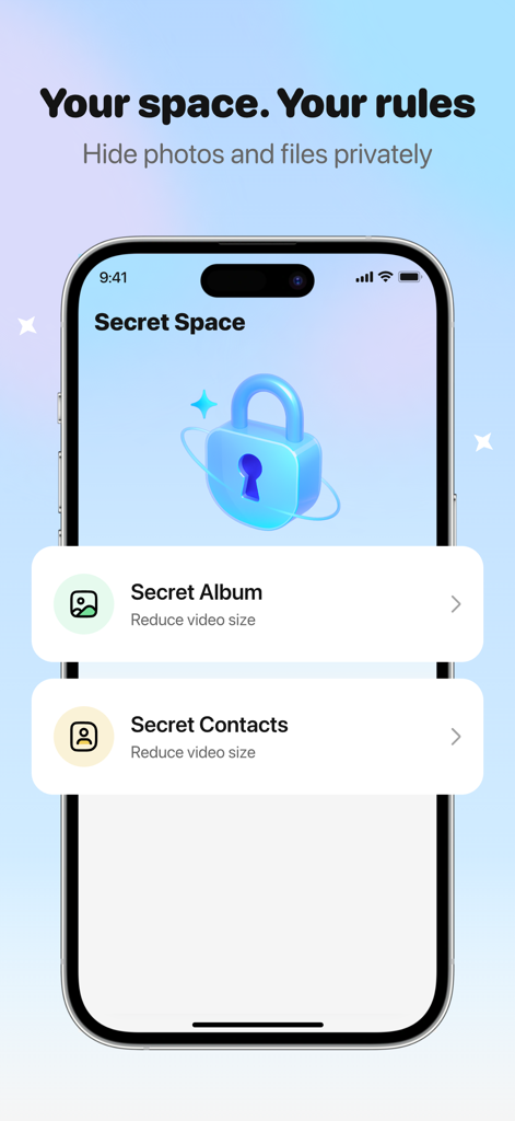 Screenshot of AI CleanKit Secret Space feature for hiding private photos and contacts in a secure vault