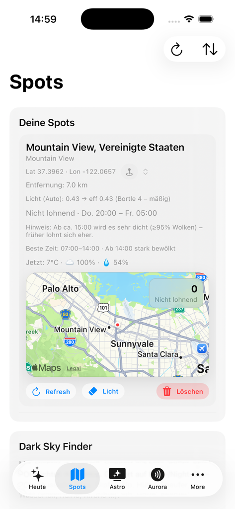 NightLens - NightLens 앱 스크린샷으로, 지도와 Mountain View의 광공해 데이터가 있는 저장된 사진 촬영 장소 표시.