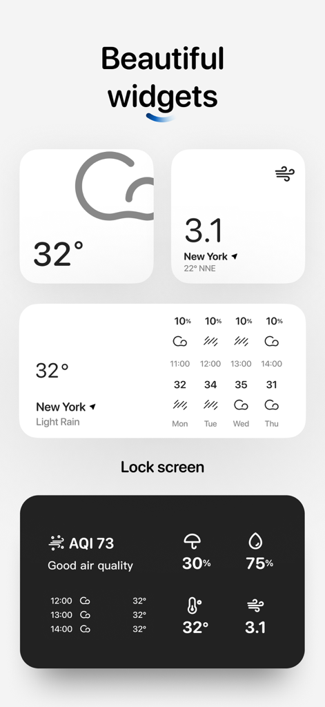 Una muestra de widgets meteorológicos minimalistas para la pantalla de inicio y de bloqueo que muestran la temperatura y los datos de calidad del aire