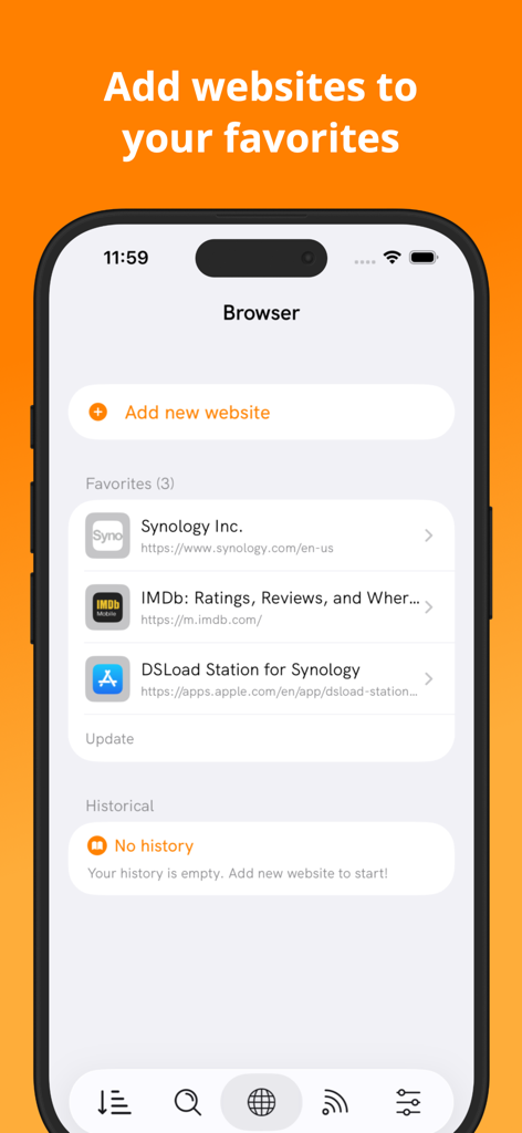 DSLoad Station in-app browser interface showing favorite bookmarked websites