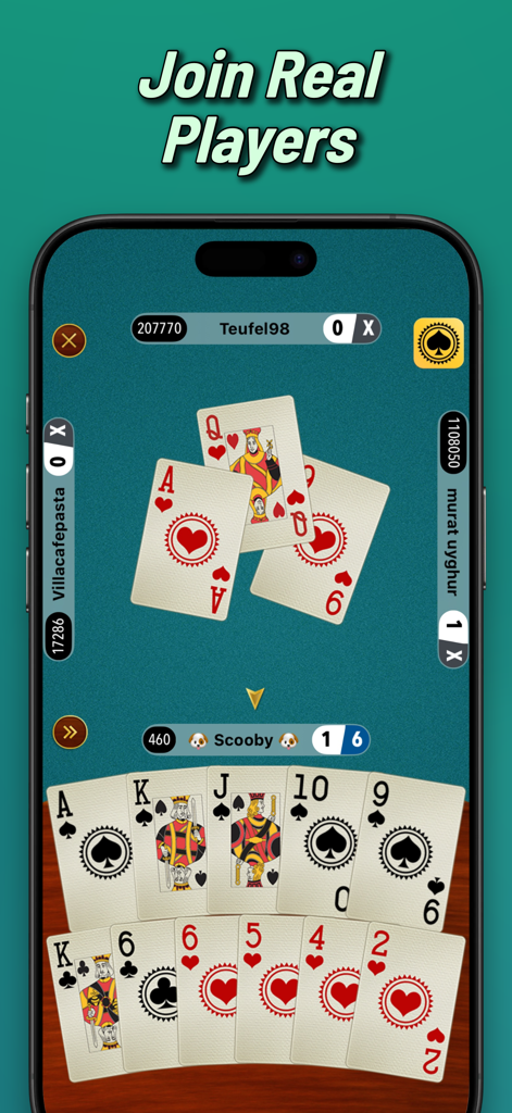 Batak Online trick taking game - Interface do jogo de cartas multiplayer móvel Batak Online mostrando uma partida com jogadores dando lances e jogando cartas.