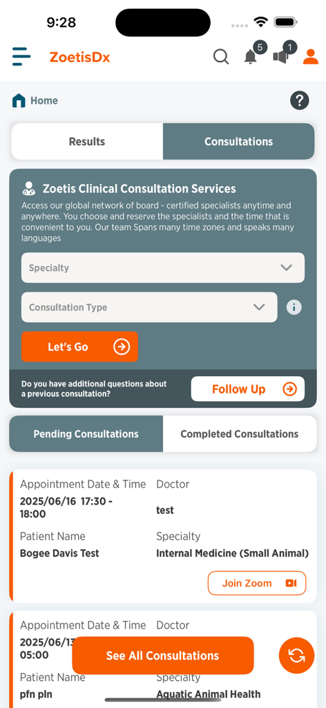 ZoetisDx app interface for managing veterinary clinical consultations and viewing pending patient appointments.