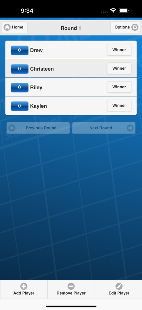 Poker Pool Scorecard app showing the score tracking interface for round one with multiple players