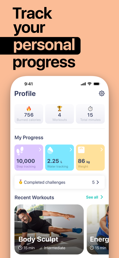 Pantalla de perfil de la aplicación HitFit que muestra el seguimiento del progreso físico, incluyendo calorías, pasos e ingesta de agua