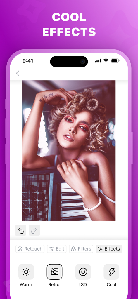 Photo Retouch - Erase Objects - ポートレート写真に写真加工アプリのフィルターとクールなエフェクトが表示されたインターフェース