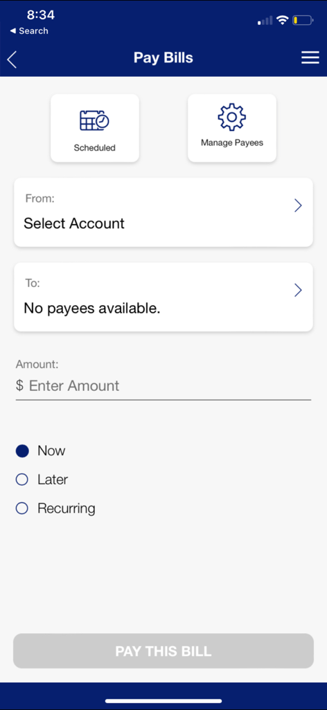 Écran de paiement de factures dans l'application bancaire mobile East Coast Credit Union montrant la sélection du compte et les options de planification des paiements