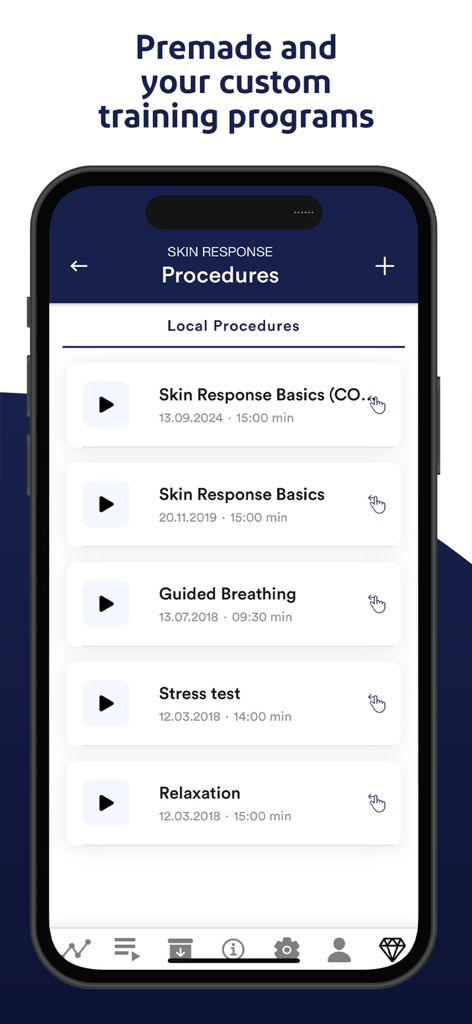 Mindfield eSense - Lista de programas de entrenamiento de biofeedback, incluyendo conceptos básicos de respuesta cutánea y respiración guiada en la aplicación Mindfield eSense