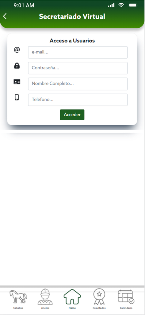 FEM - Login screen for the FEM app virtual secretariat with fields for email, password, name, and phone number.