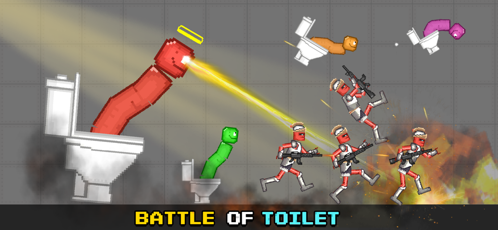 Battle Playground - Soldados ragdoll pixelados luchando contra personajes de inodoro gigantes en Battle Playground.