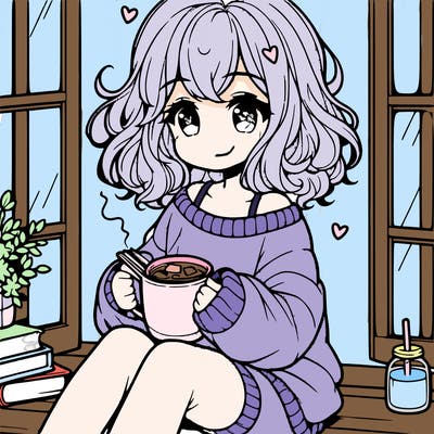 cute anime girl reading book and drinking hot chocolate from mug with loose wavy hair wearing a baggy sweatshirt and shorts sitting by windowsill looking out