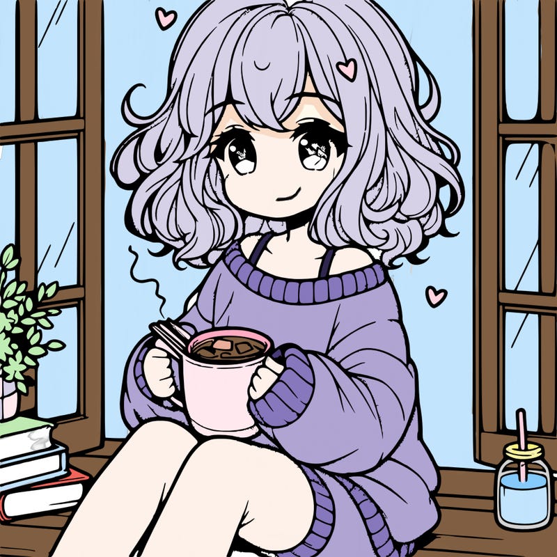 cute anime girl reading book and drinking hot chocolate from mug with loose wavy hair wearing a baggy sweatshirt and shorts sitting by windowsill looking out