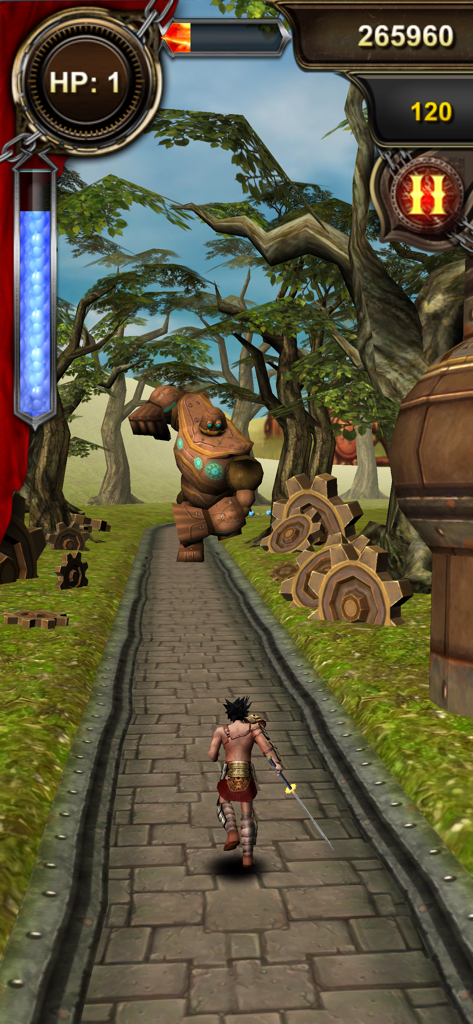Endless Run Magic Stone - A male warrior running toward a giant mechanical golem on a stone path in a fantasy forest