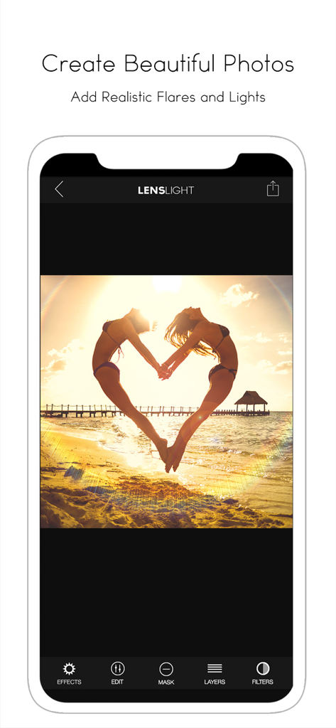 LensLight Visual Effects - Smartphone screen showing the LensLight app interface used to add a circular lens flare to a beach sunset photo