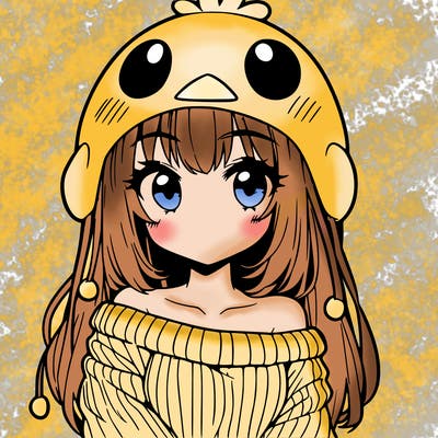 anime girl with chick shaped hat with sweater with bare shoulders with bangs covering them one eye with low tail