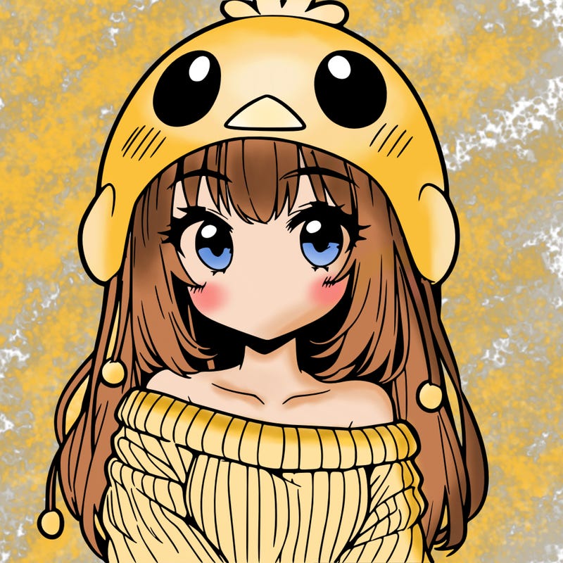 anime girl with chick shaped hat with sweater with bare shoulders with bangs covering them one eye with low tail