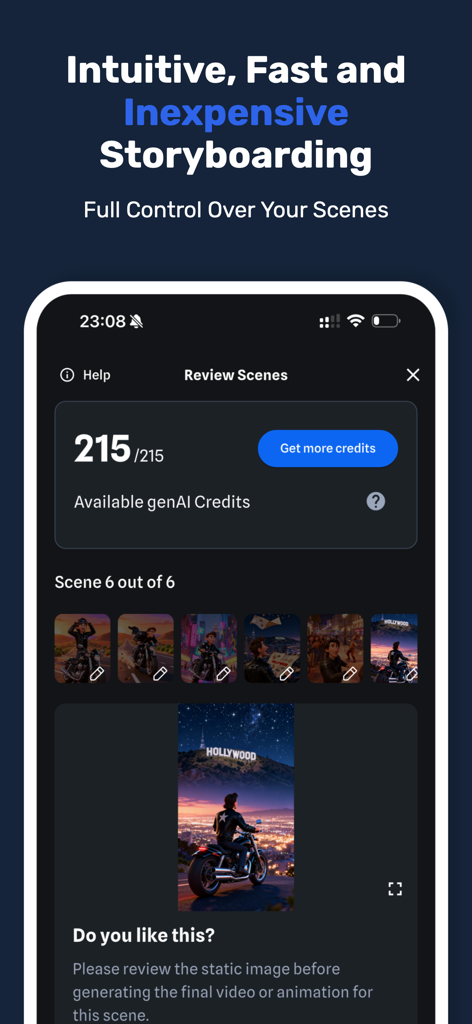 Shorts AI - Video Creator - Shorts AI mobile app interface showing storyboard scenes and AI video generation tools