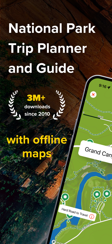 Chimani National Park trip planner app showing offline maps and over 3 million downloads