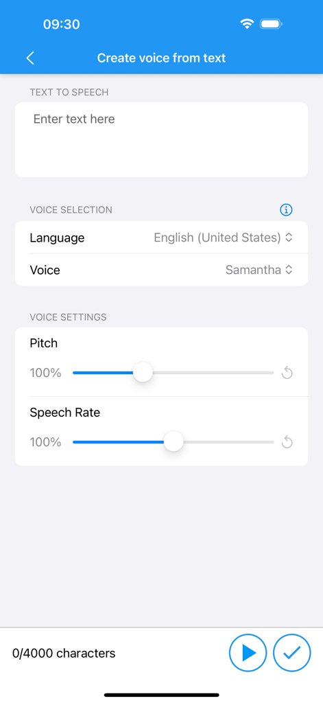 Interface for converting text to speech with custom voice pitch and rate settings in the voice changer app