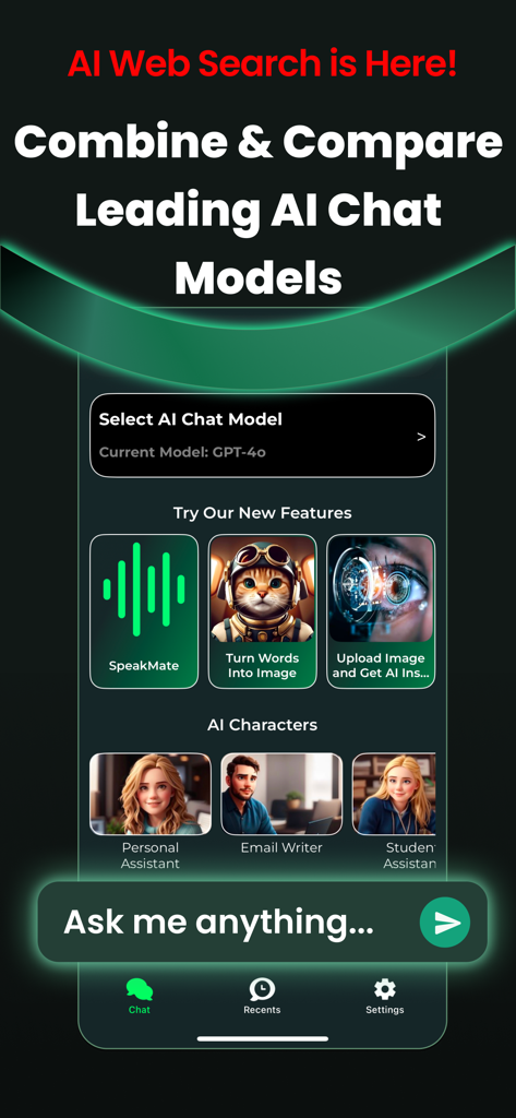CAI Chat AI: Poly AI Assistant - Interface móvel do CAI Chat AI mostrando a seleção de modelos de IA como GPT-4o, juntamente com geração de imagens e opções de personagens de IA