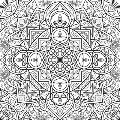 Immerse yourself in the festive spirit of Diwali with this stunning geometric mandala coloring page. Its intricate patterns, infused with traditional diyas and radiant designs, offer a captivating artistic experience.