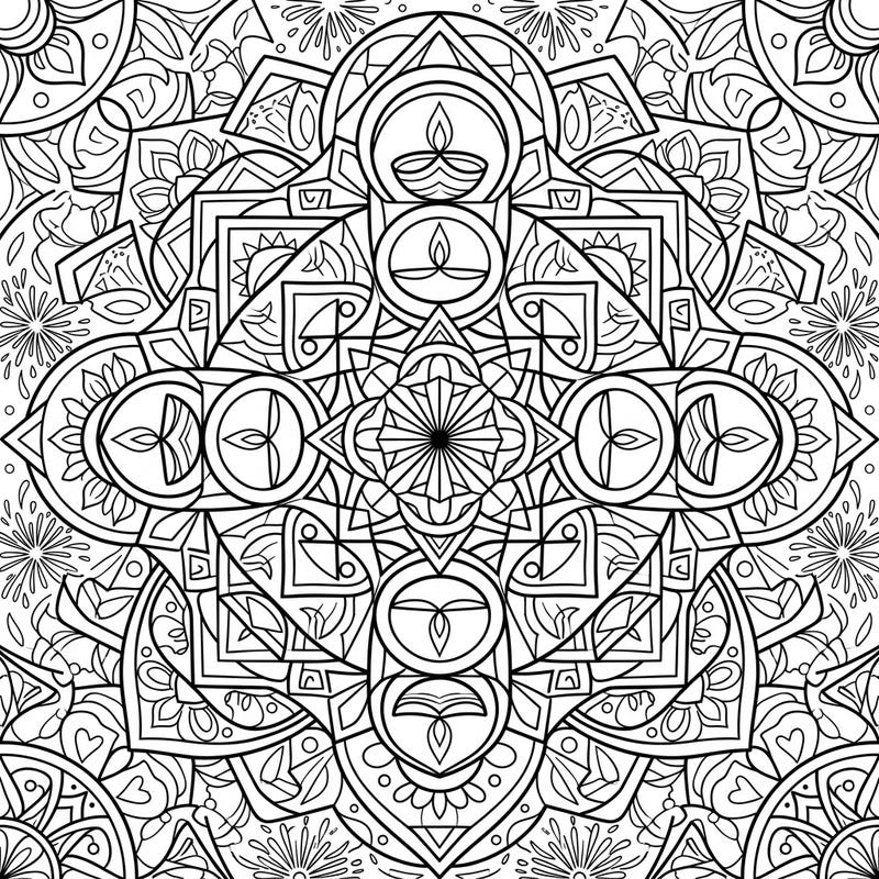 Immerse yourself in the festive spirit of Diwali with this stunning geometric mandala coloring page. Its intricate patterns, infused with traditional diyas and radiant designs, offer a captivating artistic experience.