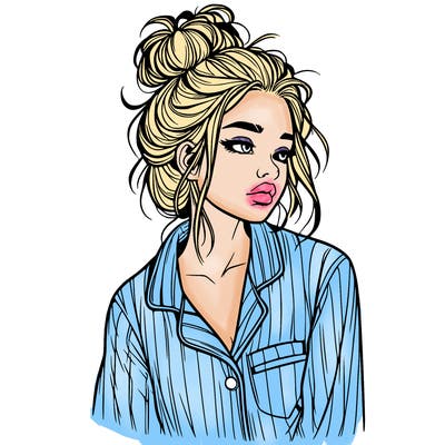 realistic woman with pajamas on and a messy bun