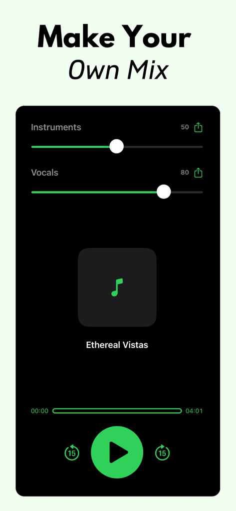 Vocal Remover: AI Splitter - Eine mobile App-Oberfläche zur Erstellung benutzerdefinierter Musik-Mixe durch Anpassung der Gesangs- und Instrumentenpegel mithilfe von KI-Technologie