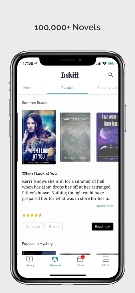 Inkitt mobile app interface showing popular romance novels and a 100,000 novels headline