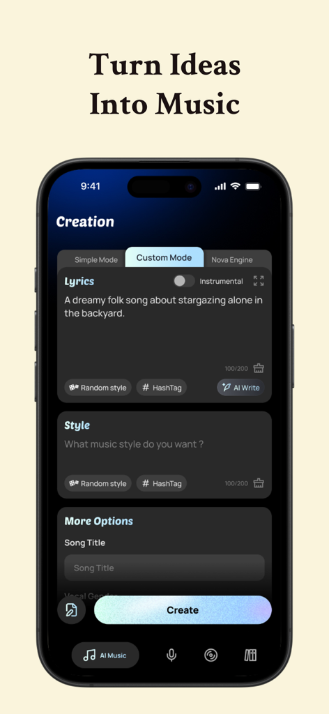 MusicLab app interface showing the Custom Mode for turning lyrics into AI generated music