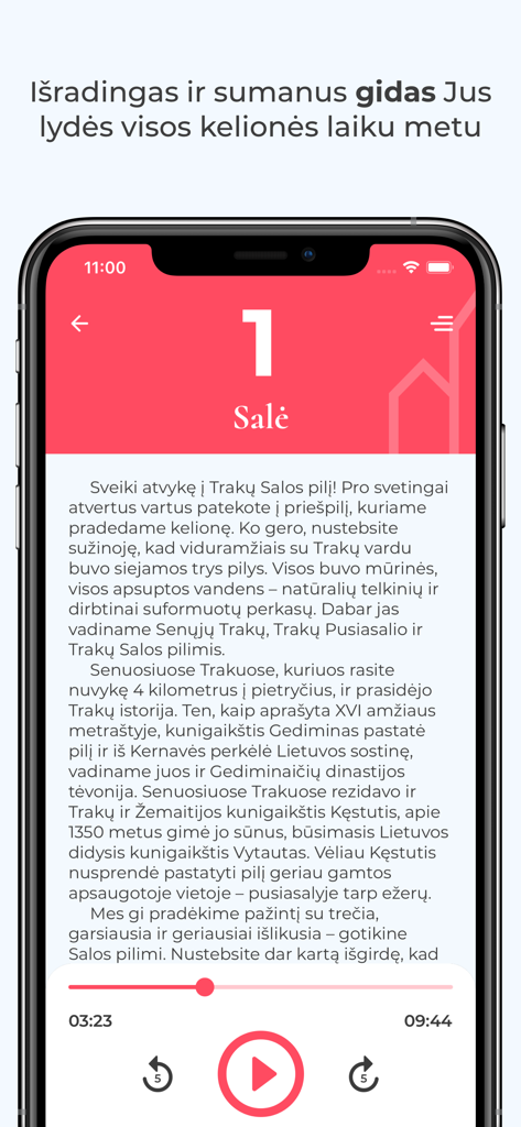 Trakų istorijos muziejus - Schermata della guida audio dell'app del Museo di Storia di Trakai con testo storico e controlli di riproduzione