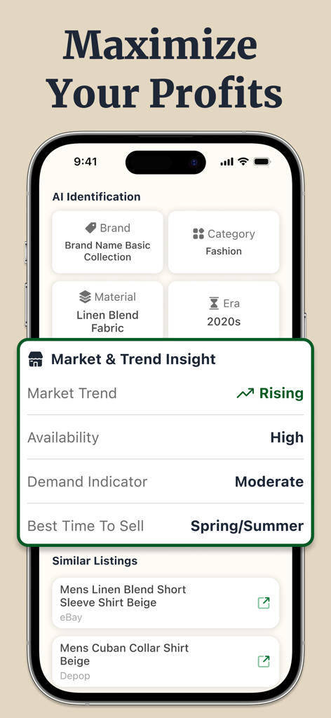 Thrift AI Profit Identifier - A mobile app screen showing market trend insights and resale data for a thrifted item