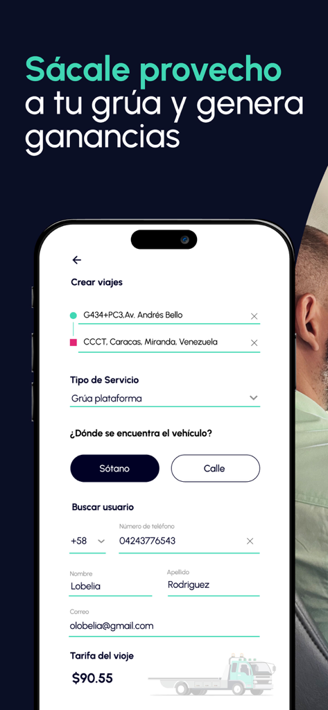 Ridery Drivers - Interface of the Ridery Drivers app showing the creation of a trip for a tow truck service in Caracas