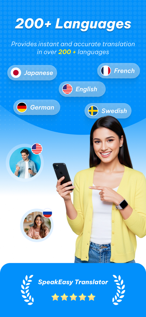 SpeakEasy Translator - Promotional graphic for SpeakEasy Translator showing support for over 200 languages with a woman holding a smartphone.