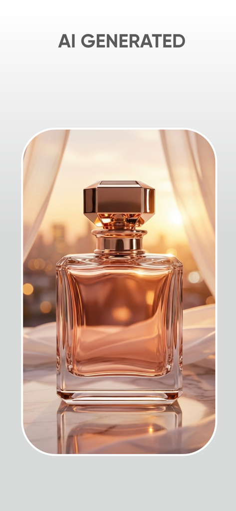 AI Photo Editor: Change Style - 夕日の街並みを背景にした香水瓶のAI生成プロフェッショナル製品写真。