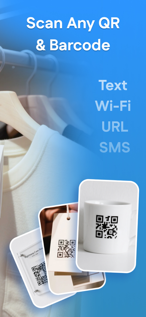 Graphic showing EasyQR Code Scan ability to read QR codes and barcodes on items like clothing tags and coffee mugs
