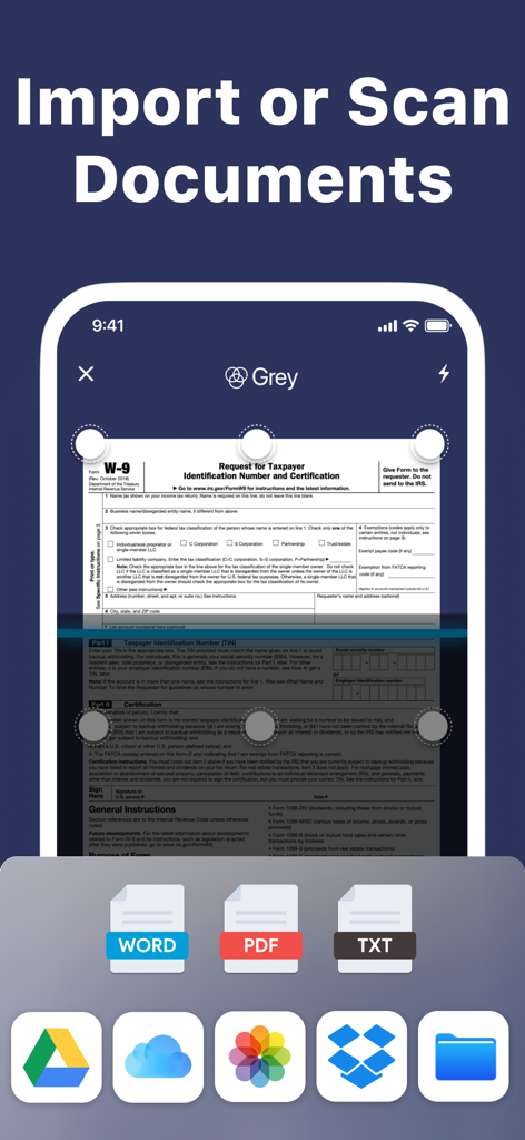 Interfaccia dell'app che mostra come scansionare o importare documenti PDF e Word da servizi di archiviazione cloud come Google Drive e Dropbox