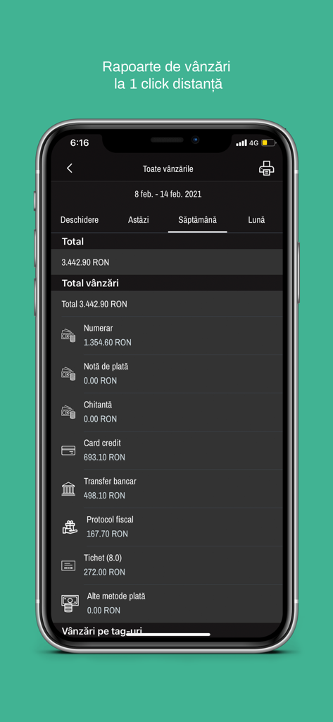 Ebriza POS - Ebriza POS app interface displaying weekly sales reports and revenue breakdown by payment method on an iPhone